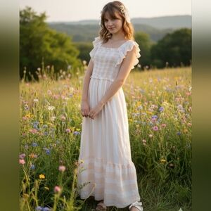 Anthropologie By The River Smocked Tiered Maxi Dress Peach Striped L 70's Boho